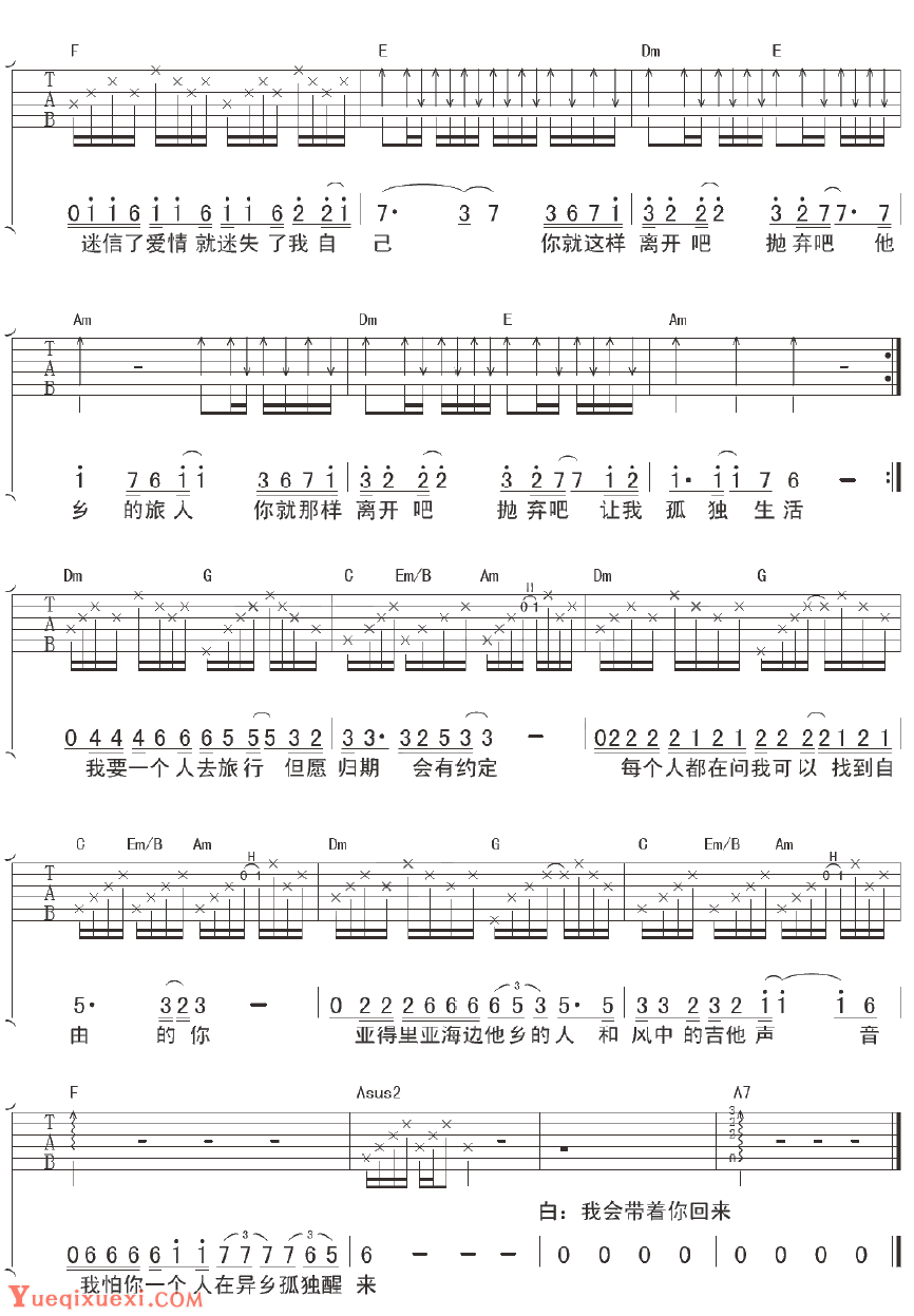 陈升《一个人去旅行》吉他谱六线谱钟立风版