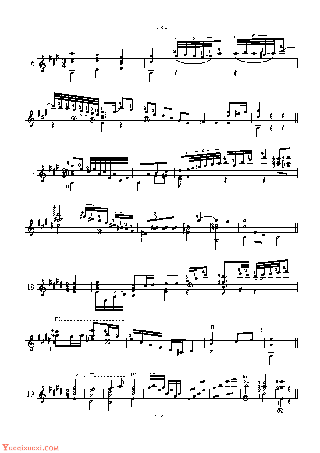 阿瓜多吉他练习曲《Various combinations in C,G,D,A adn E major》五线谱