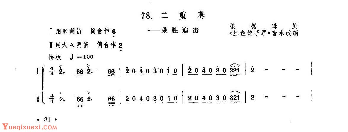 笛子练习曲选《二重奏——乘胜追击》竹笛练习乐谱