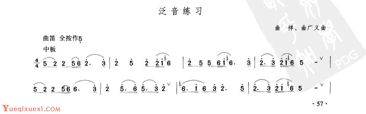 笛子考级练习曲《泛音练习&曲祥、曲广义曲》竹笛六级乐曲谱