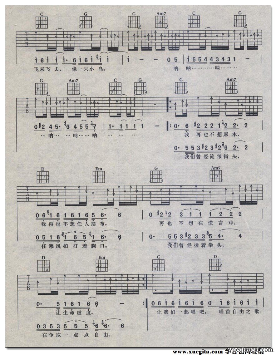 汪峰 小鸟吉他谱